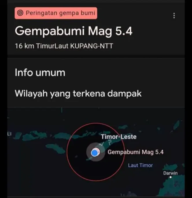 
					GEMPA BUMI TEKTONIK M5,4 DI KABUPATEN KUPANG, NUSA TENGGARA TIMUR, TIDAK BERPOTENSI TSUNAMI